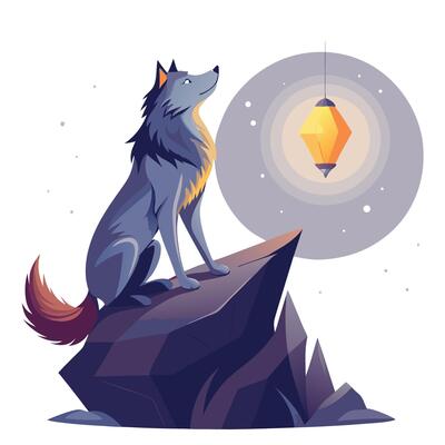 Dignified noble wolf howling towards a mystical floating lantern in the night