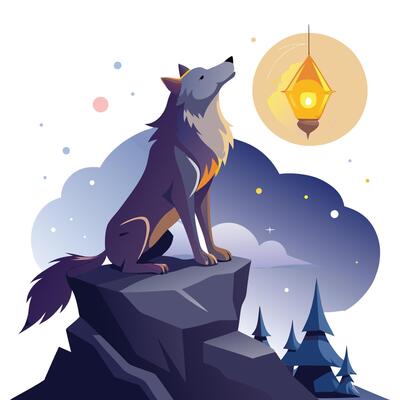 Majestic noble wolf howling towards a luminous floating lantern in the dark night
