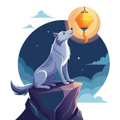 Proud noble wolf howling at a bright floating lantern in the serene night