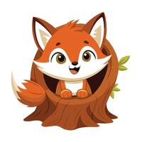 Cute fox cub peeking out from a hollow log illustration art vector