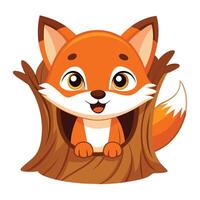 Happy fox pup peeking from a hole in a tree art illustration vector