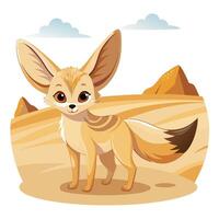 Happy fennec fox with large ears standing in a desert landscape illustration vector