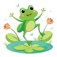 Cute frog jumping between lily pads illustration art vector