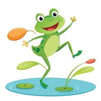 Adorable frog jumping across lily pads art illustration playful vector
