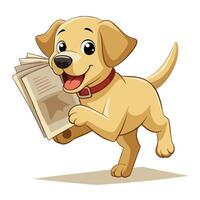 Cheerful playful lab puppy with a newspaper in its mouth looking curious and happy vector