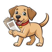 Cute playful lab puppy with a newspaper in its mouth wagging its tail happily vector