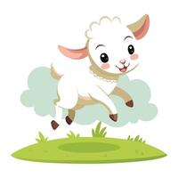 Joyful playful lamb jumping high in a green pasture with a big happy smile vector