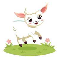 Cheerful playful lamb skipping in a green field with a big grin and wagging tail vector