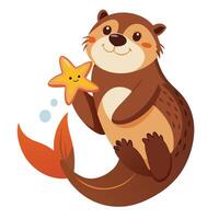 Cheerful playful otter relaxing on its back in the water with a starfish in its paws vector