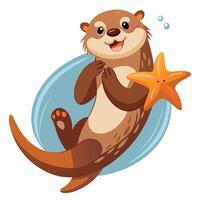 Cute playful otter lying on its back in the water holding a colorful starfish vector