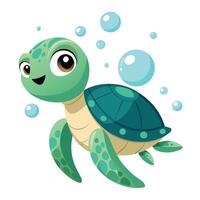 Cheerful playful sea turtle moving through the water with bubbles trailing behind it vector