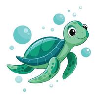 Joyful playful sea turtle floating in the sea with bubbles all around its body vector