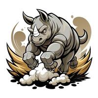 Strong powerful rhino running forward with dust trails billowing out behind it vector