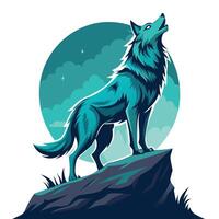Eerie powerful wolf howling towards the moon in a mystical forest setting in art vector