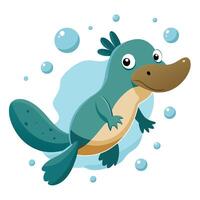 Goofy quirky platypus paddling with bubbles and a surprised look in graphic vector