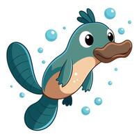 Funny quirky platypus swimming with bubbles and a curious expression in vector