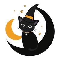 Sleek black cat sitting on a crescent moon with a star art vector