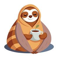 Drowsy sloth in a blanket drinking hot tea illustration vector