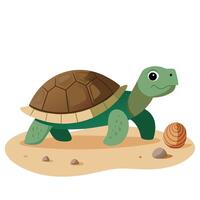 Calm turtle crawling on the sand with a little shell illustration vector