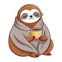 Tired sloth wrapped in a warm blanket sipping tea art vector