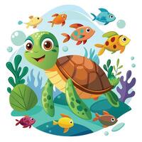Cheerful turtle moving on the seabed with colorful coral illustration vector
