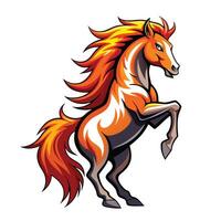 Dynamic strong stallion standing on hind legs with a fiery mane and tail in vector