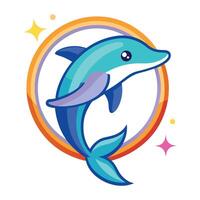 Cheerful stylized dolphin performing a jump through a glowing hoop in design vector