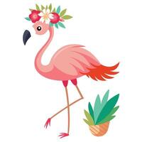 Chic stylized flamingo balancing on one leg with a lush tropical setting vector