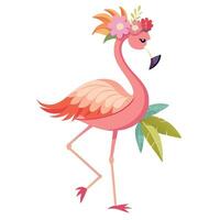 Graceful stylized flamingo posing on one leg with vibrant tropical leaves around it vector