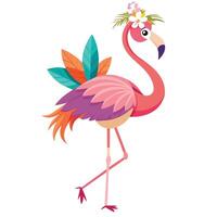 Elegant stylized flamingo standing on one leg with a tropical floral background vector