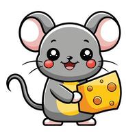 Tiny mouse holding a big piece of cheese with a happy face vector