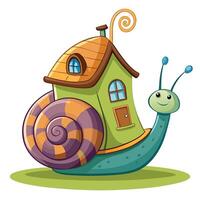 Whimsical snail carrying a tiny house on its shell illustration vector