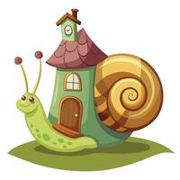 Adorable snail with a small house on its shell illustration whimsical vector