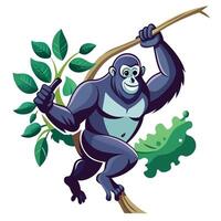 Wild gorilla swinging from a tree with a playful expression vector