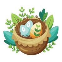 Bird's Nest Planter Eggs And Greenery A Natural Design vector