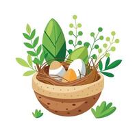Natural Design Bird's Nest Planter Eggs And Greenery vector