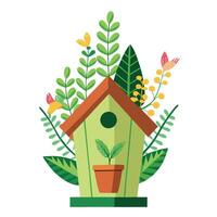 Quaint Design Birdhouse Planter Tiny Ferns vector