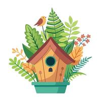 Birdhouse Planter With Tiny Ferns A Quaint Design vector
