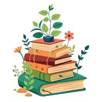 Plants Sprouting Between Books Stacked As A Planter Isolated on white background vector