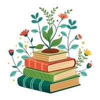 Plants Sprouting Between Books Stacked As A Planter Isolated on a white background vector