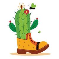 Boot Planter Cactus With Tiny Ants Stepping vector
