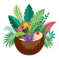 Charming Coconut Shell Planter Featuring Exotic Plants vector