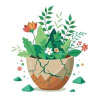 Creative Cracked Pot Planter With Greenery Emerging From The Cracks Design vector