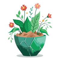 Cracked Pot Planter With Greenery Emerging From The Cracks vector