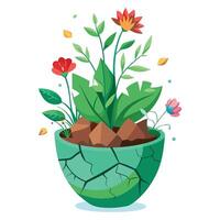 Charming Cracked Pot Planter Featuring Greenery Emerging From The Cracks vector