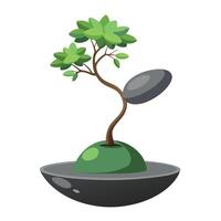 Charming Pebble Planter With A Tiny Floating Bonsai vector