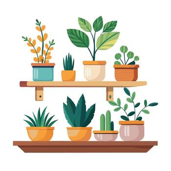 Floating Shelf With Multiple Modern Planters And Succulents vector