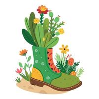 Charming Boot Planter Featuring Small Cactus And Blooming Flowers vector