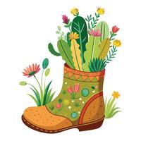 Garden Boot Planter With Small Cactus And Wildflowers Isolated on a white background vector