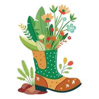 Garden Boot Planter With Small Cactus And Wildflowers Isolated on white background vector